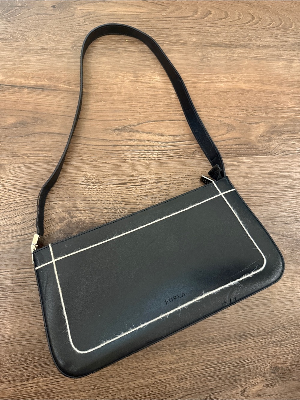 Vintage Furla Black Leather Shoulder Bag with White Stitching Accent